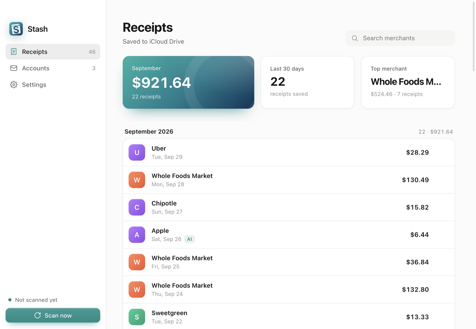 The Stash app showing this month's spending and a list of receipts grouped by month